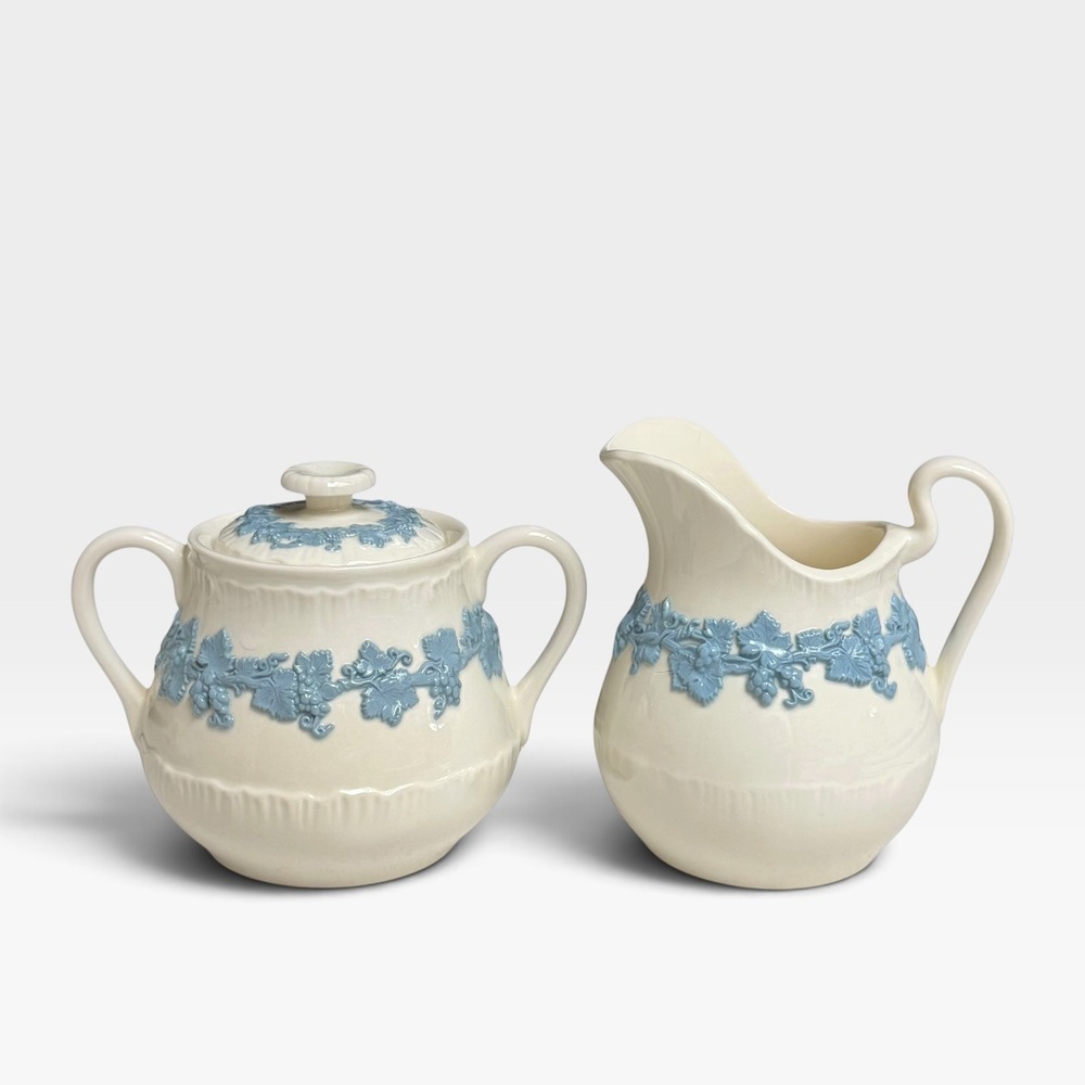 Wedgwood Queens Ware Cream and Sugar Set Cream Lavender Blue Grapevine Relief